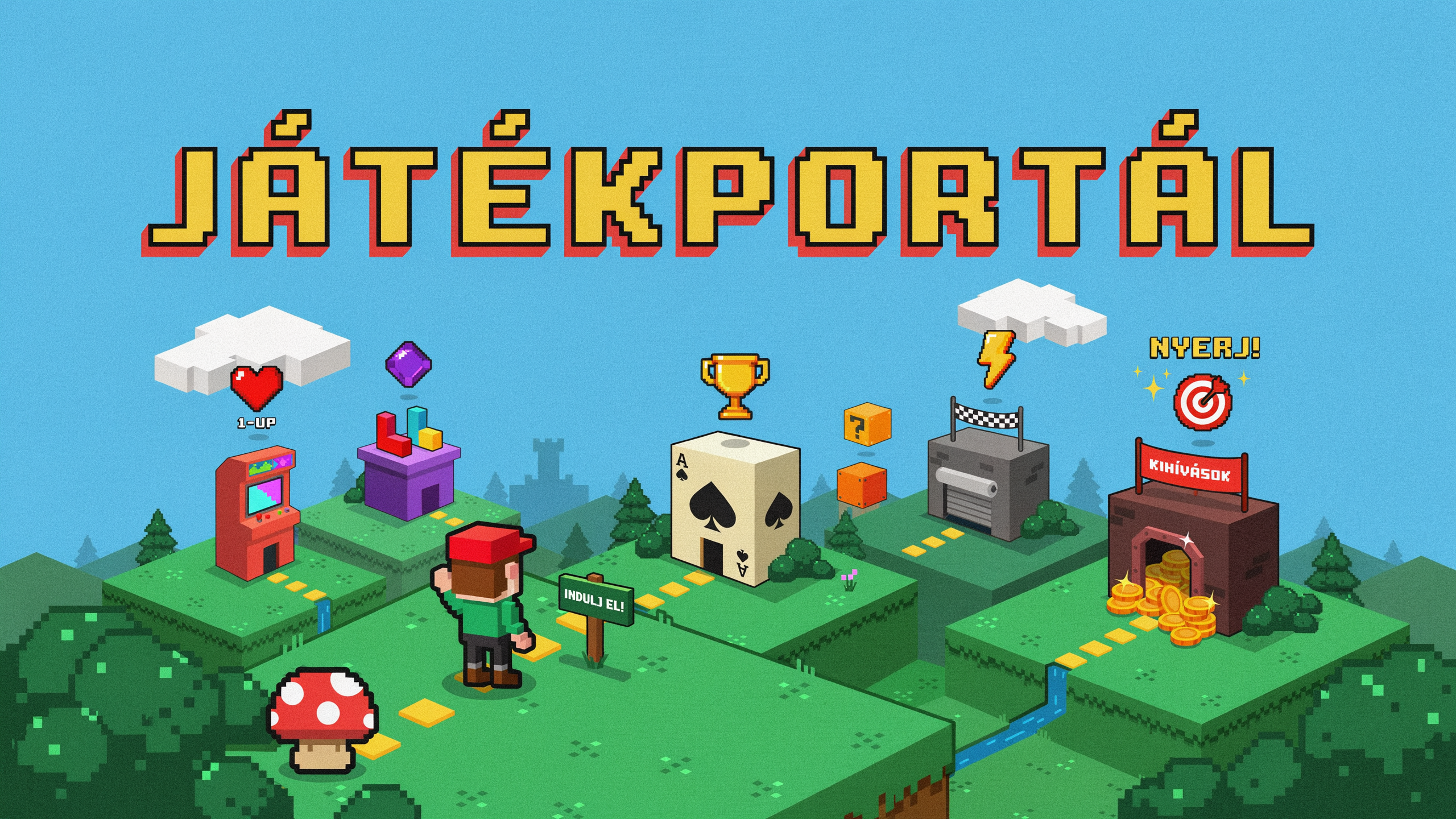 Pixel stílusú táj kis játéktermekkel és kihívásikonokkal