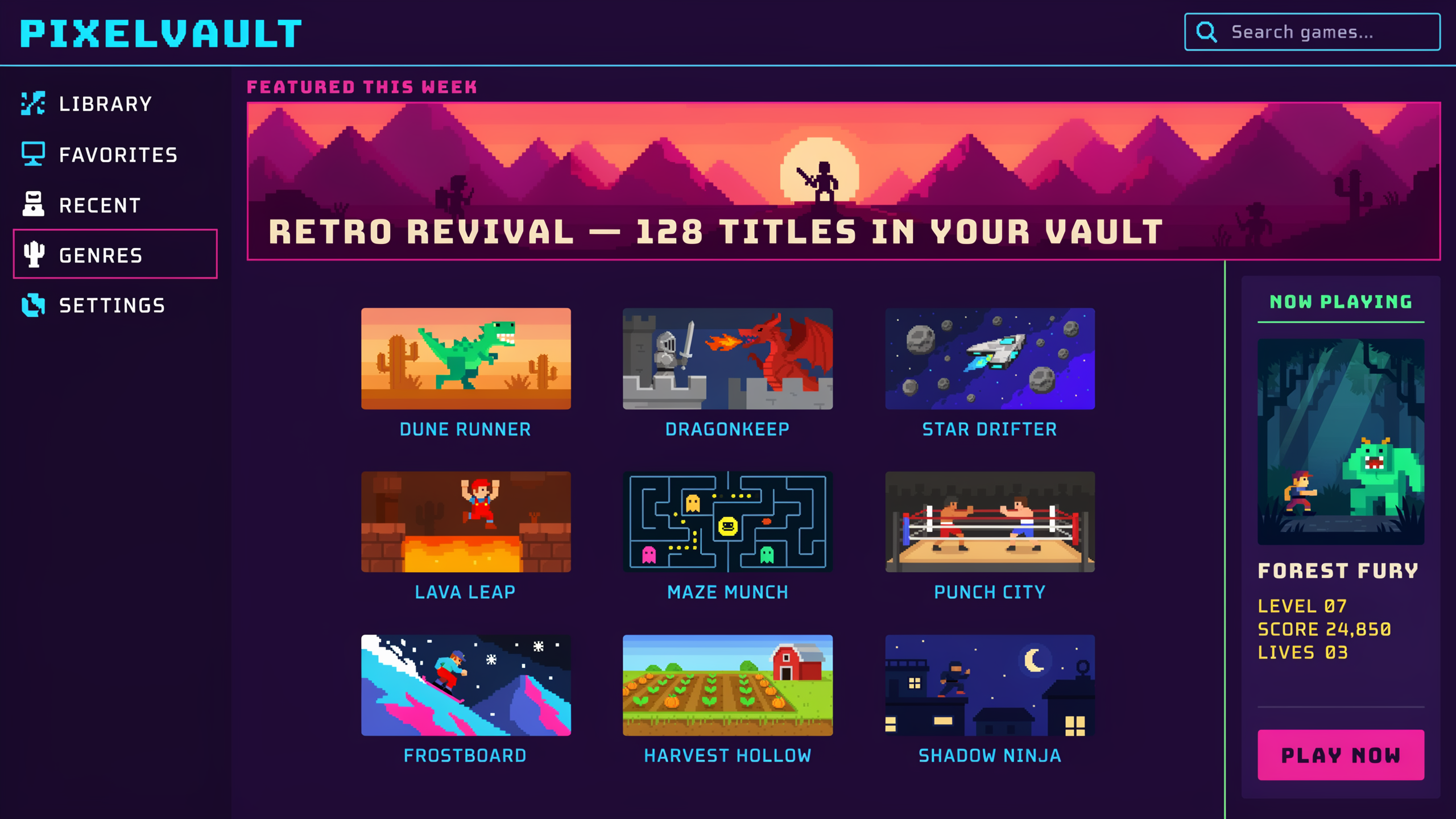 Retro pixel játékgyűjtemény egy modern webes irányítópulton