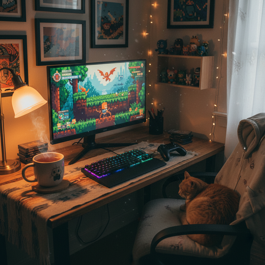 Cozy indie játékstúdió munkaterület pixel art képernyővel, billentyűzettel és kontrollerrel